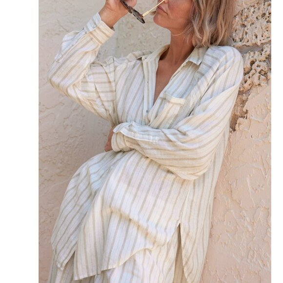 Linen Blend Oversized Button Down Shirt - Tan Vertical Stripes - Picture 6 of 11